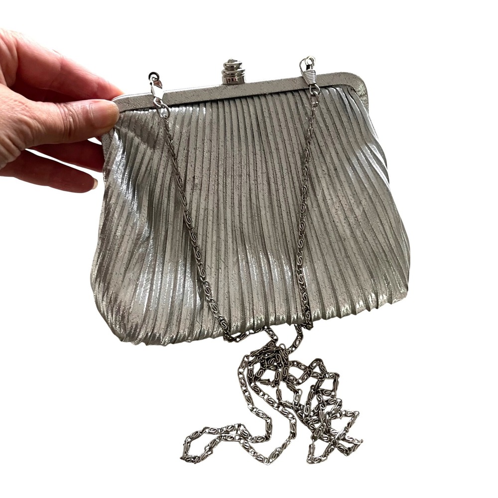 Jacqueline Ferrar Clutch Women Small Silver Y2K Glam Pleated Metallic Frame Bag
